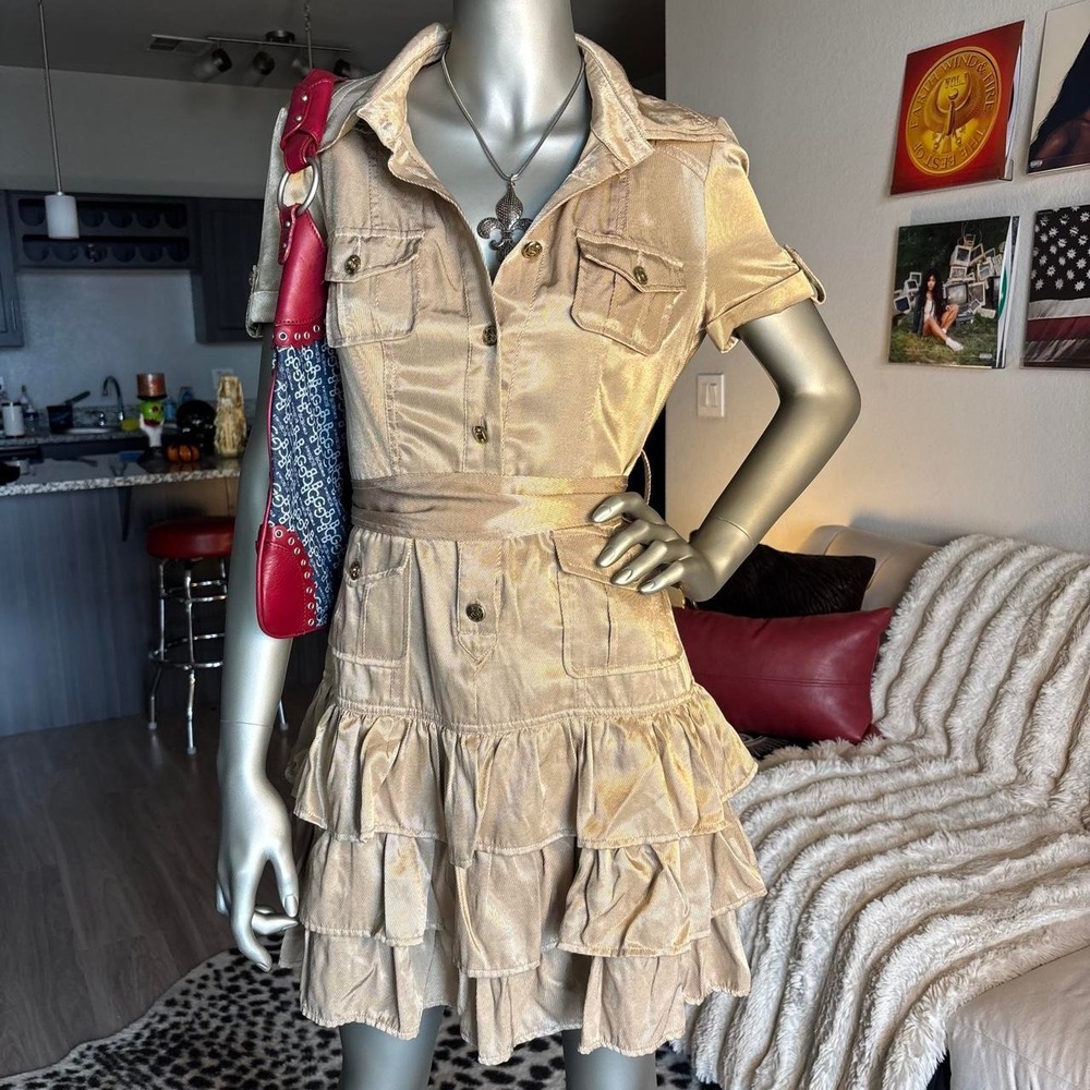 Bebe Y2K Metallic Cargo Mini Dress Safari Utility Ruffle 🧞♀️✨